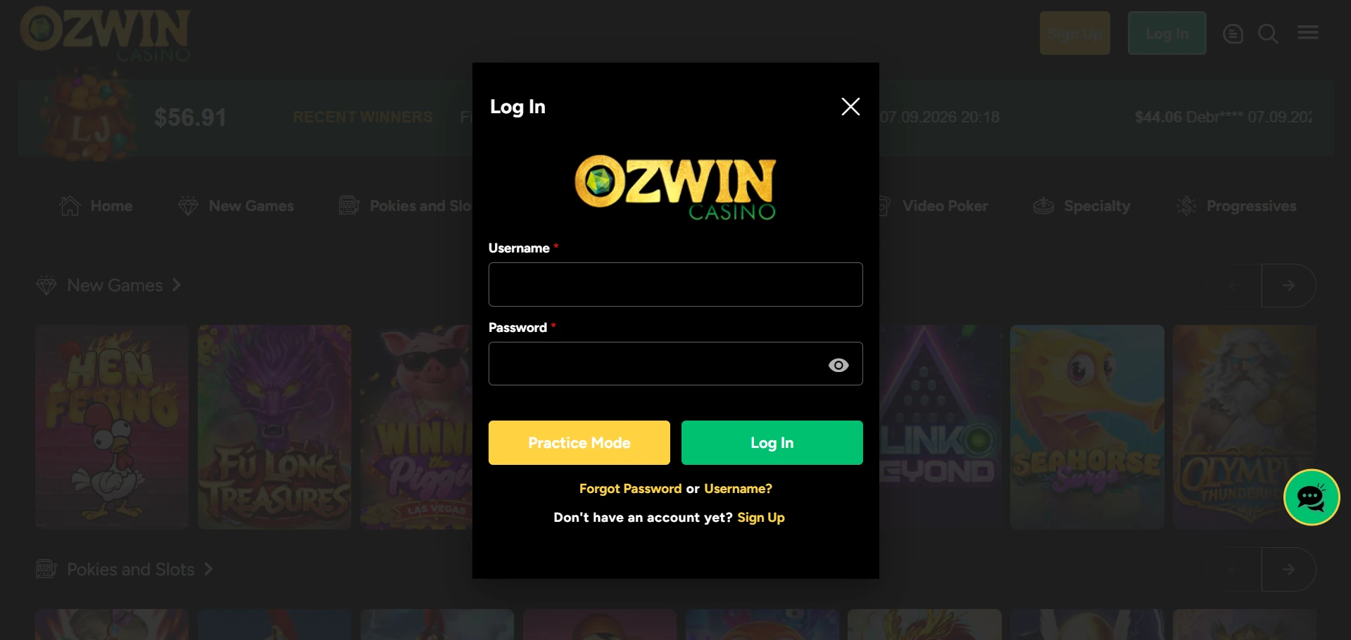 Ozwin sign-in form for returning players