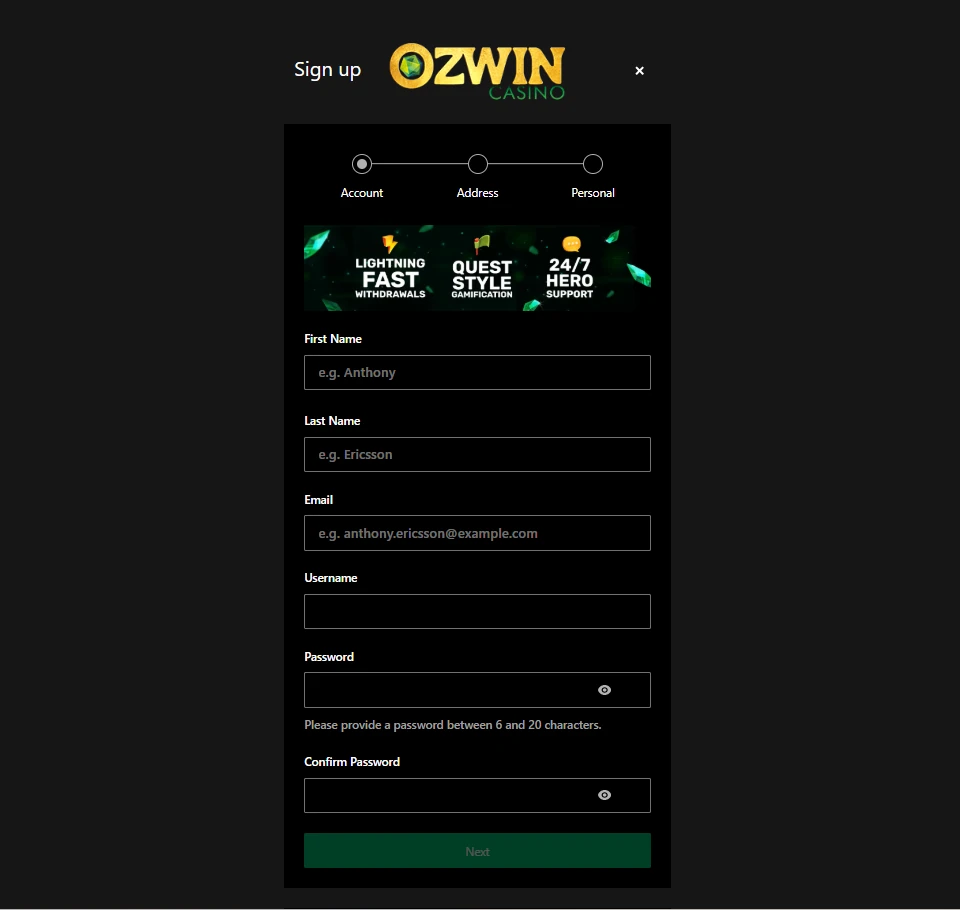 Ozwin registration form